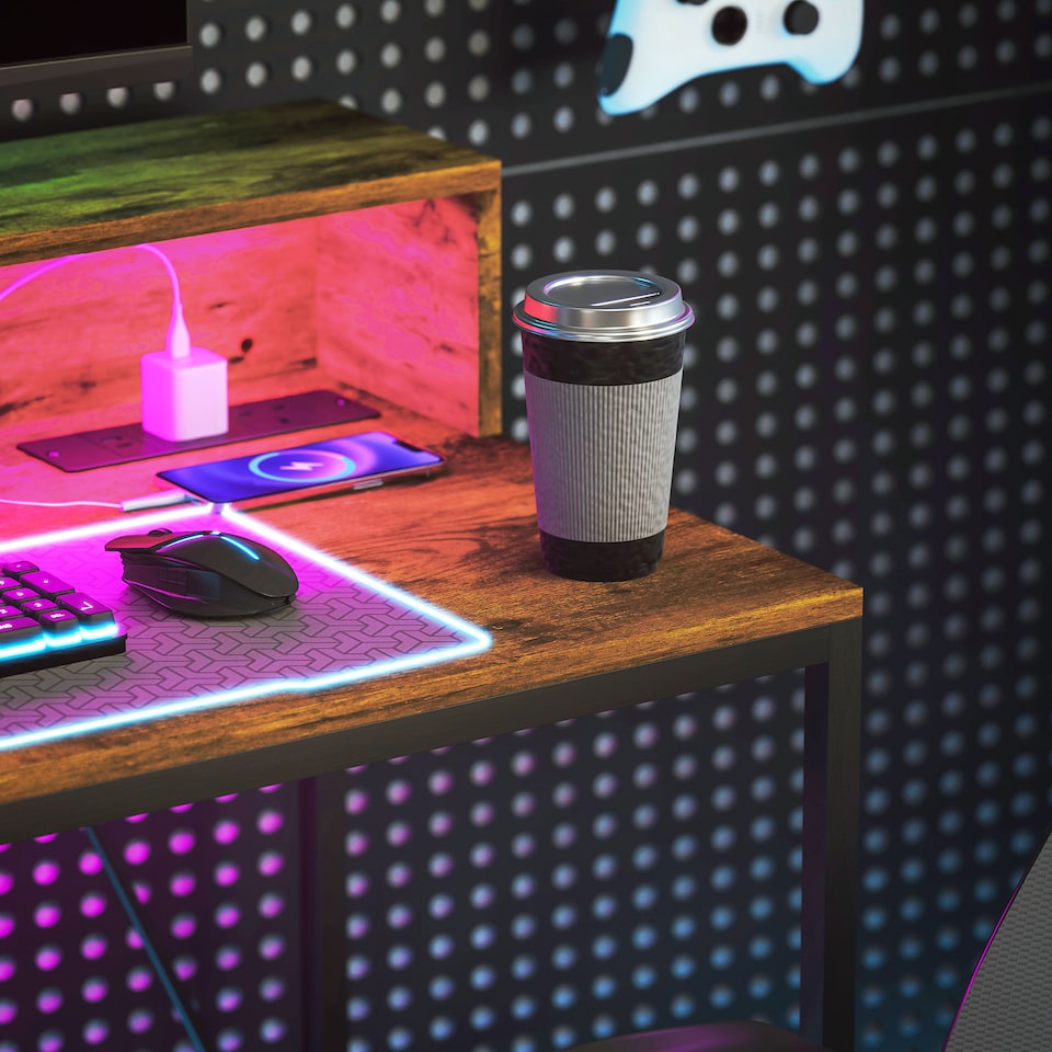 image 1 of HOMCOM 100cm Computer Desk with LED Lights and Power Outlets, Gaming Desk with Monitor Stand, Computer Table with Remote for Home Office Study, Rustic Brown