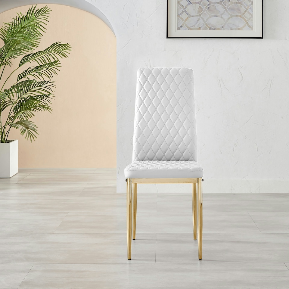 image 1 of Furniturebox 4x Milan White Gold Hatched Faux Leather Dining Chairs