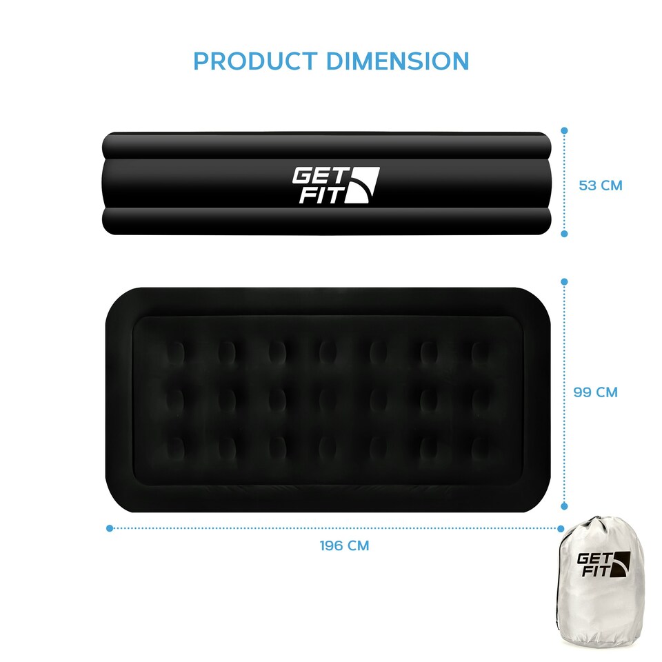 image 1 of Get Fit Air Bed with Built In Electric Pump - Premium Single Size - Blow Up Bed with Free Pillow - Elevated Inflatable Air Mattress for Outdoor - Black Mono