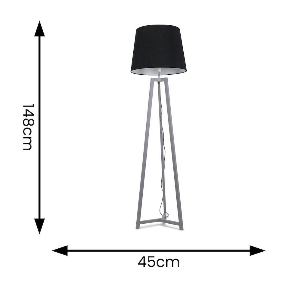 image 1 of ValueLights Lottie Grey Wood Tripod Floor Lamp with Black Fabric Tapered Shade and LED Bulb