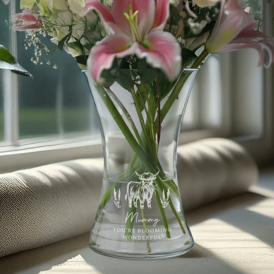 image 1 of Personalised Highland Cow Waisted Vase Clear