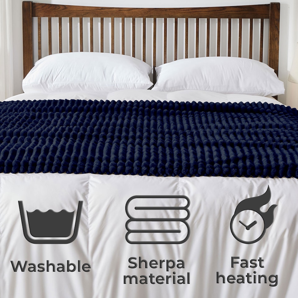 image 1 of Waffle Shaped Electric Blanket Heated Fleece Over blanket Throw Machine Washable Remote Timer Control Heat Settings | Blue | Navy