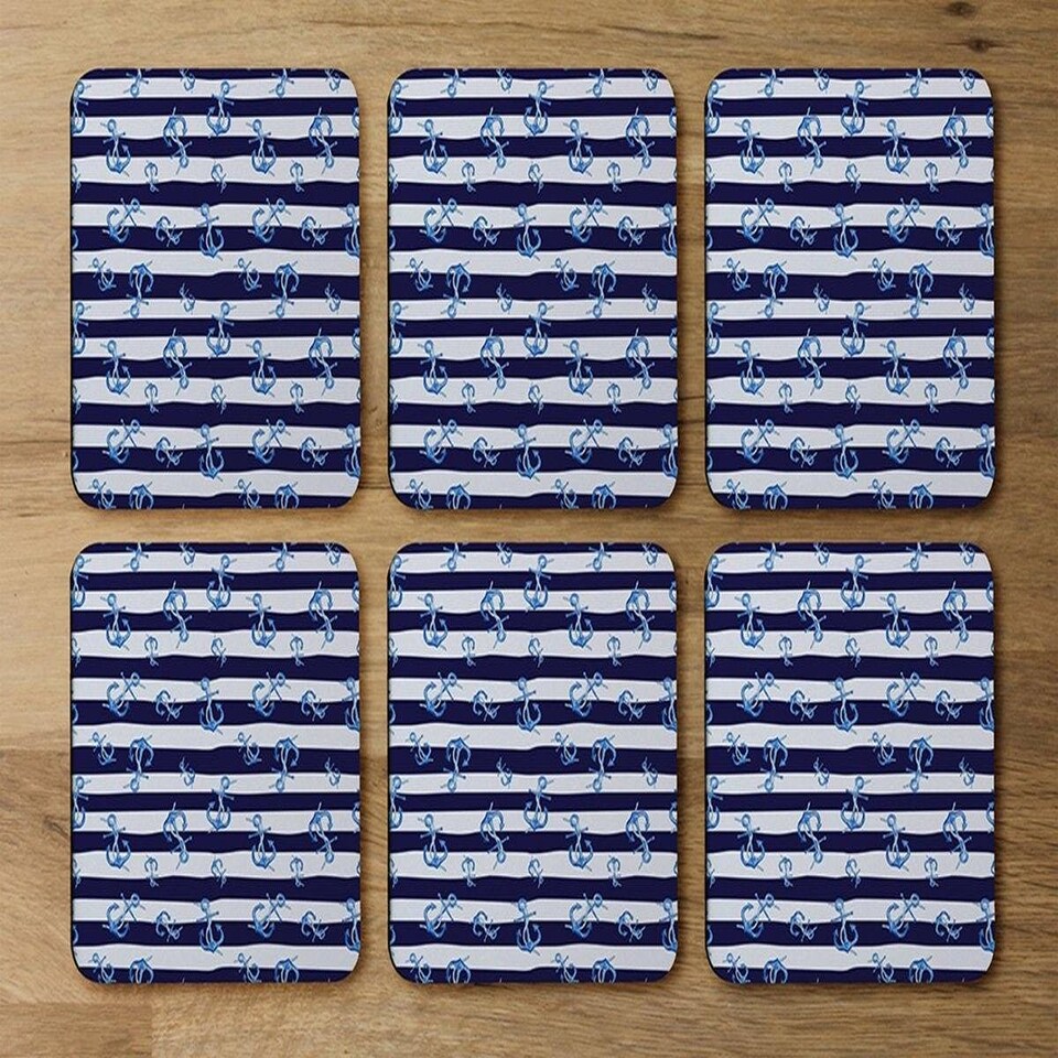 image 1 of Blue Anchors on Navy Striped Background (Coaster)