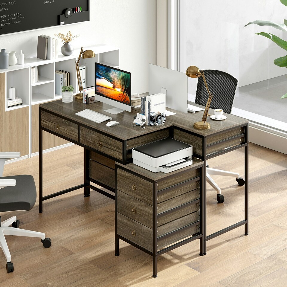 image 1 of COSTWAY Computer Desk with 5 Drawers and Side File Cabinet Grey Grey