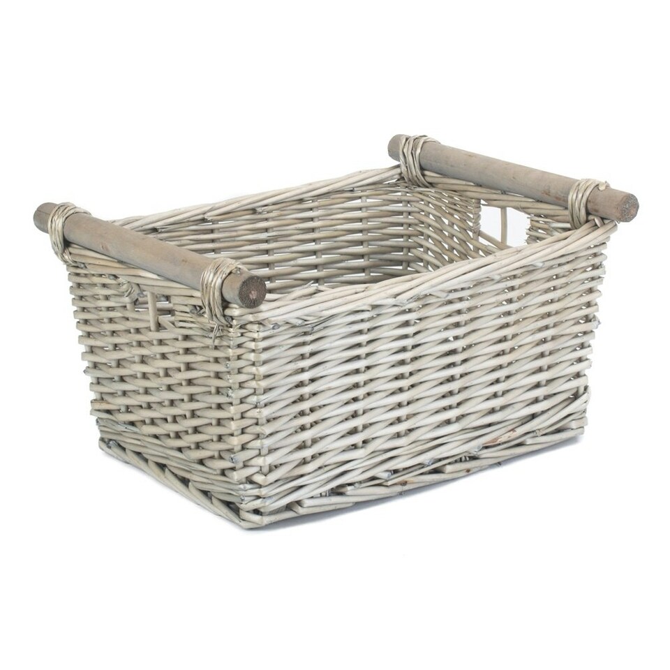 image 1 of Small Grey Wash Wooden Handled Storage Basket | Grey | Grey