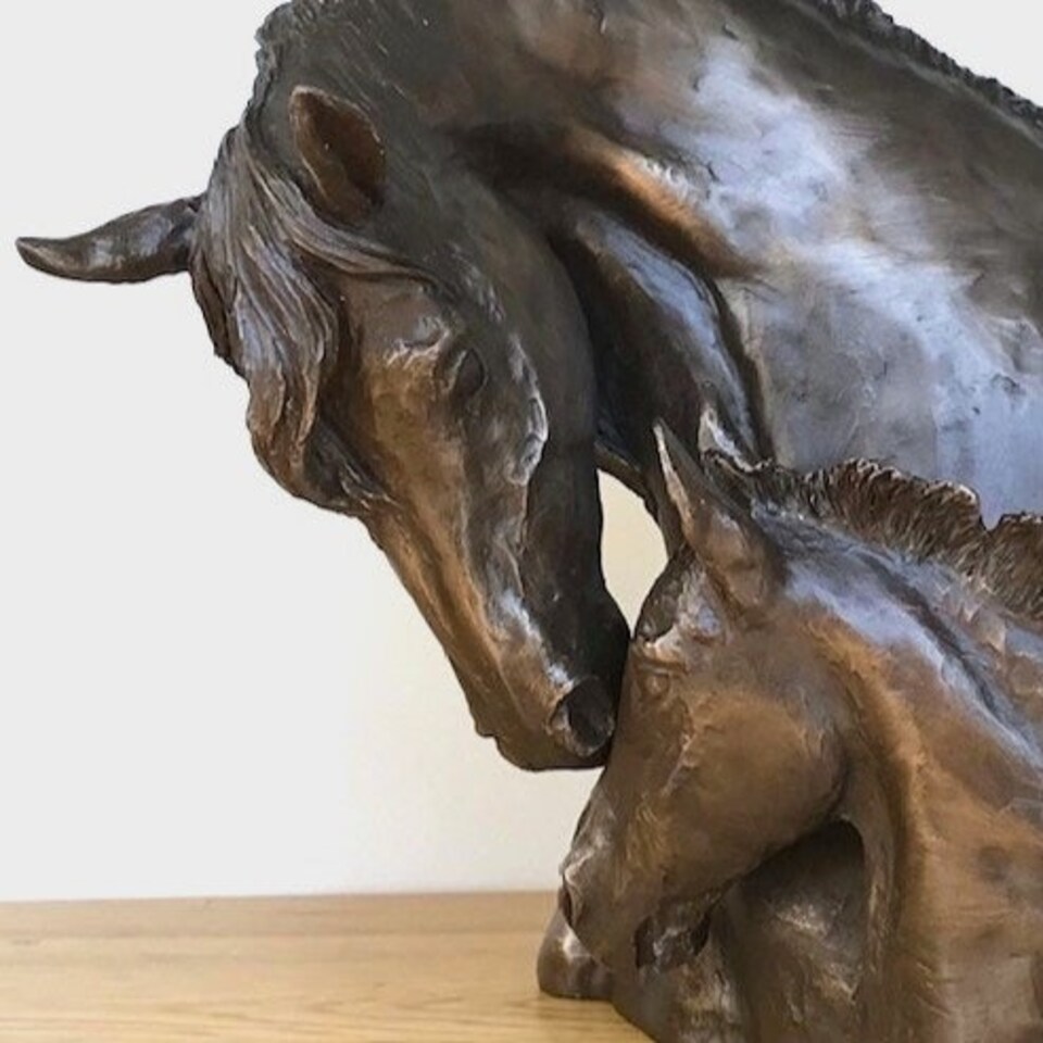 image 1 of Horse And Foal Heads Sculpture In Solid Cold Cast Bronze Designed By David Geenty