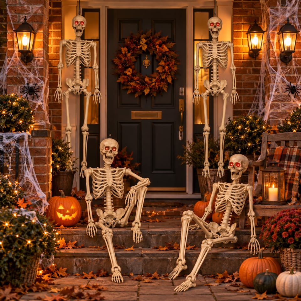 image 1 of Pack of 4 5ft (150cm) Posable Full Body Halloween LED Skeleton Decoration with Movable Joints and LED Eyes