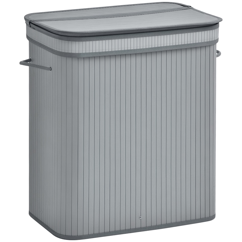 image 1 of HOMCOM 100L Natural Wood Laundry Basket A Compartment w Flip Lid Removable Lining Handles Board Base Foldable Durable Water-Resistant Dirty Clothes Storage Home Organisation Grey