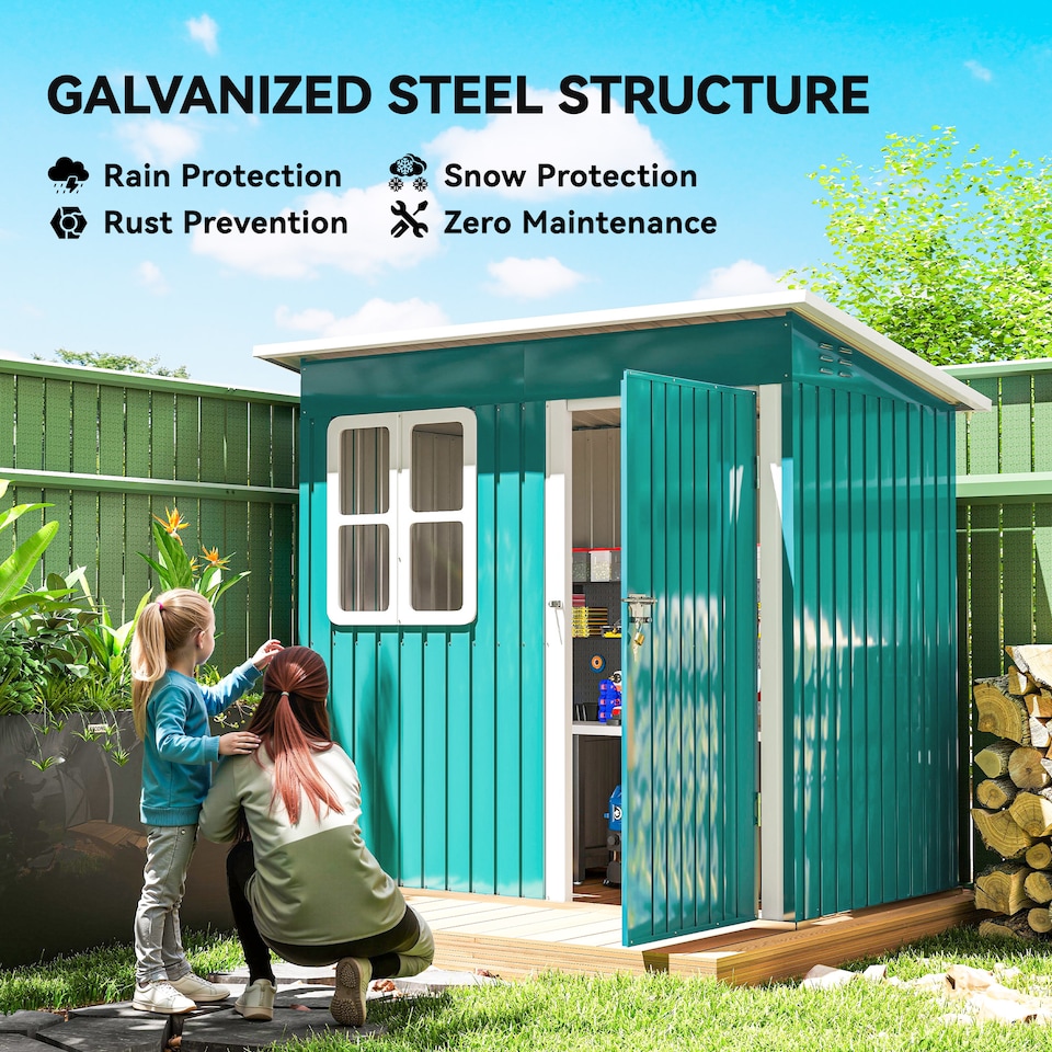 image 1 of Outsunny 7 x 4ft Storage Shed Galvanised Steel Garden Shed, Metal Shed with Foundation Kit, Window, Lockable Wide Door and Air Vents for Outdoor Patio, Green | Green | 1
