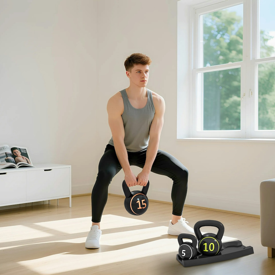 image 1 of SPORTNOW Set of Three Kettlebell Weights with Storage Tray, 2.2kg, 4.5kg, 6.8kg