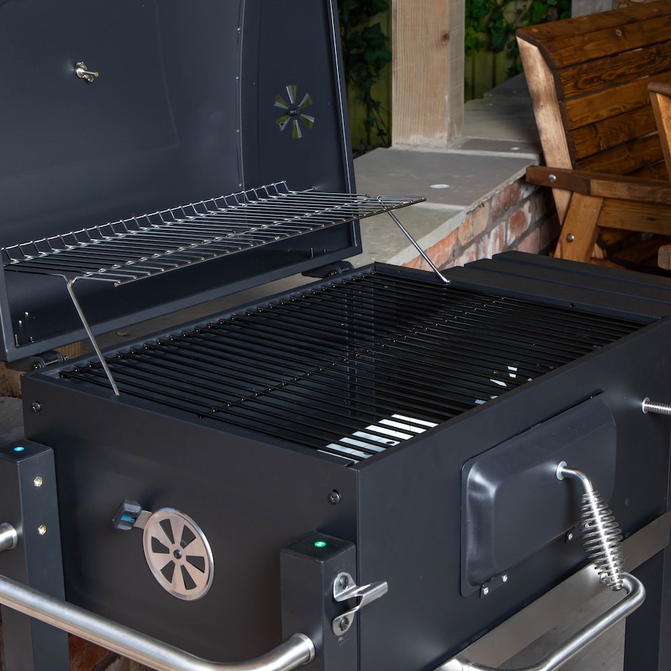 image 1 of Samuel Alexander 115x46x106cm Black Steel Portable Rectangular BBQ Trolley with Thermometer Gauge and Cover