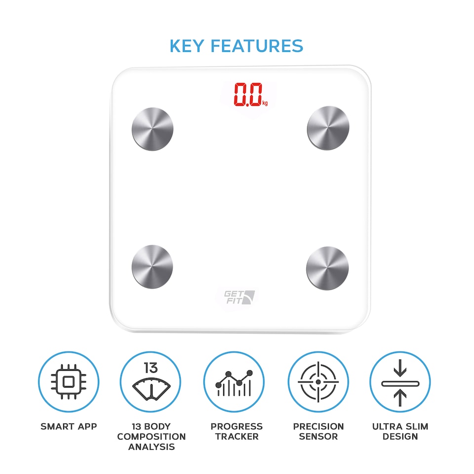 image 1 of Get Fit Smart Bathroom Scales - Digital Body Weighing Scale - Connect To IOS / Android, Lcd Display & Automatic On/Off | White | Arctic White | 28x28cm | 1