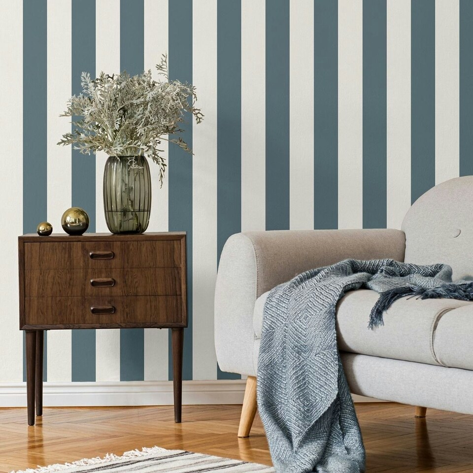 image 1 of Fine Decor Juliette Stripe Vinyl Textured Wallpaper - Blue - 10m x 0.5m Blue