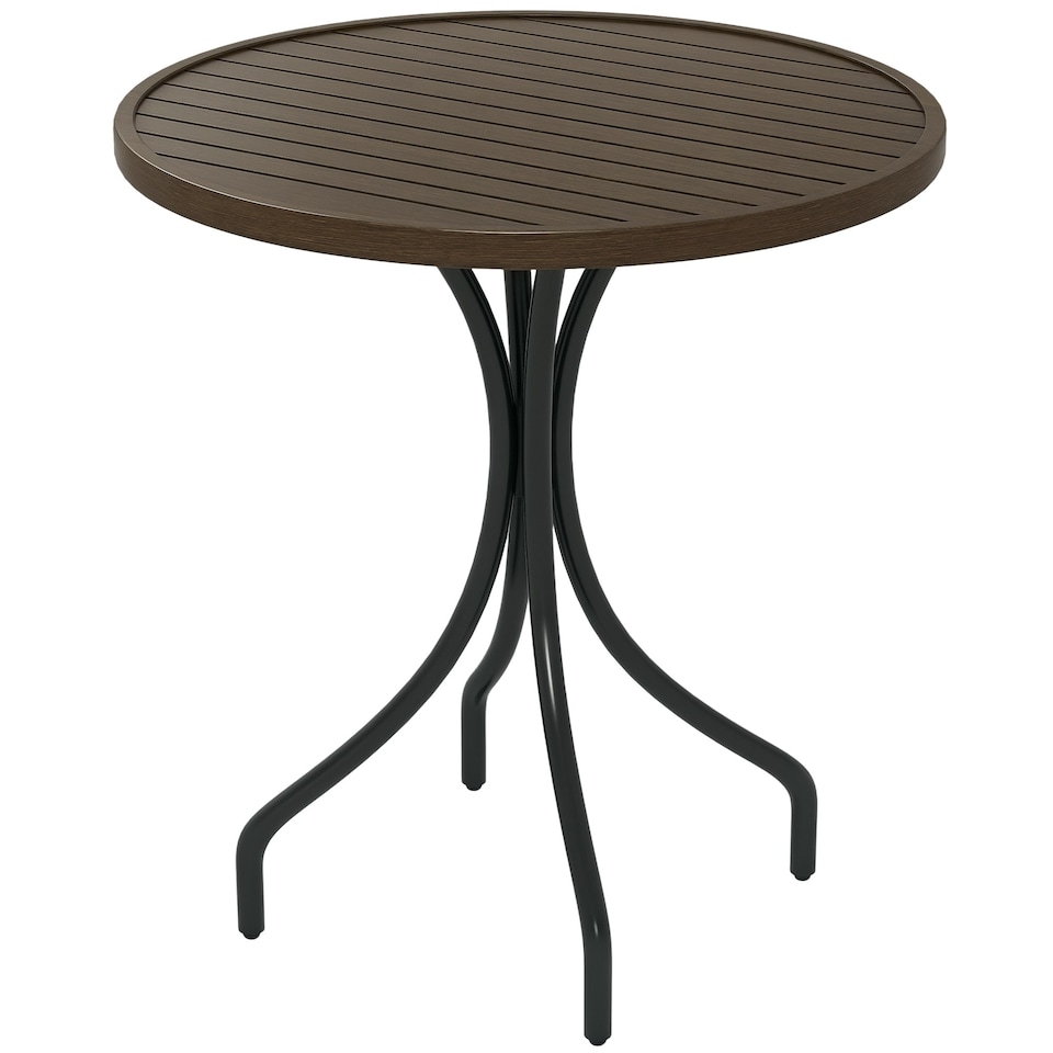 image 1 of Outsunny 66cm Diameter Garden Side Table, Round Bistro Coffee Table, Outdoor Patio Table with Steel Frame and Slat Tabletop for Balcony and Porch, Brown Wood Grain | Brown | Brown Wood Grain
