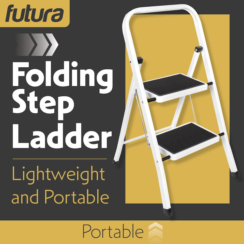 image 1 of Futura 2 Step Ladder White, Heavy-Duty Steel Folding Home DIY Step Stool with Wide Non-Slip Steps & Anti Slip Feet 150kg Capacity