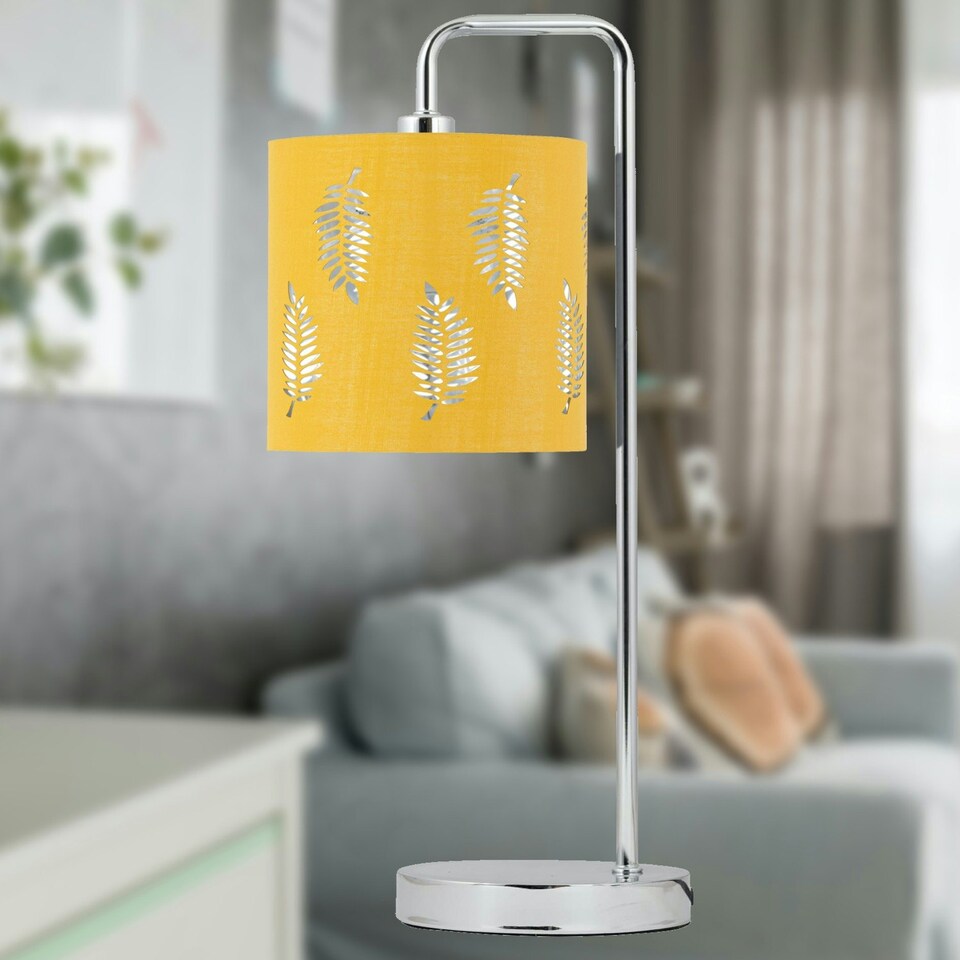 image 1 of First Choice Lighting Chrome Arched Table Lamp with Ochre Fern Cut Out Shade Chrome | Yellow