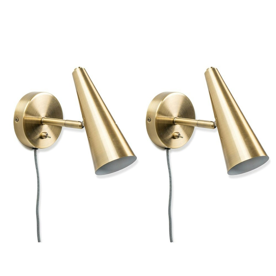 image 1 of ValueLights Pair of - Plug in Brushed Antique Brass Cone Easy Fit Wall Lights with Adjustable Head