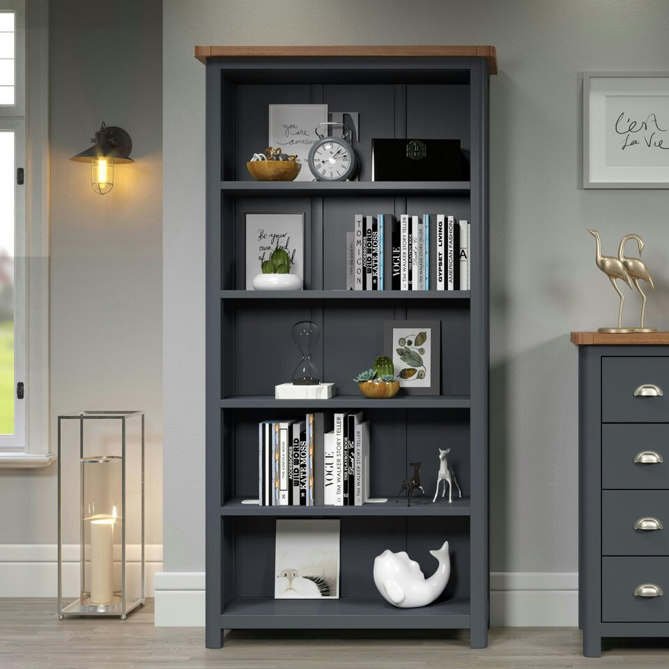 image 1 of Dunkeld 5 Shelf Tall Bookcase - Midnight Blue Finish with Antique Waxed Hardwood Top and Practical Shelving | Blue | White Gloss | One Size | 1