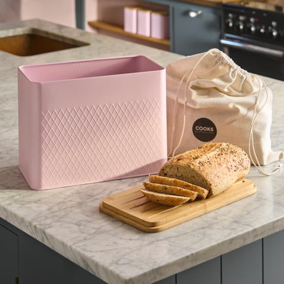 image 1 of Cooks Professional Diamond Pattern Bread Bin with Linen Bag & Bamboo Cutting Board Lid | Pink | Pink | 1