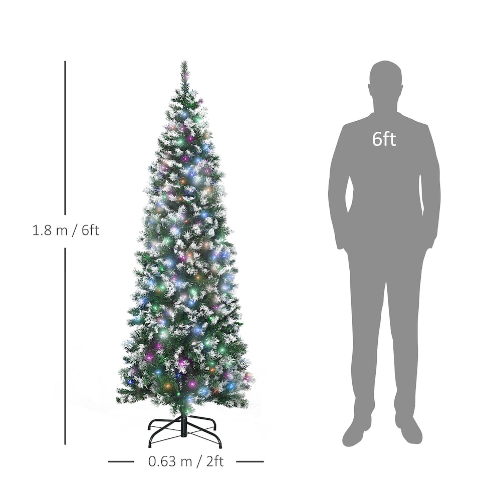 image 1 of HOMCOM 6FT Tall Prelit Pencil Slim Artificial Christmas Tree with Realistic Branches, 300 Colourful LED Lights and 618 Tips, Xmas Decoration, Green