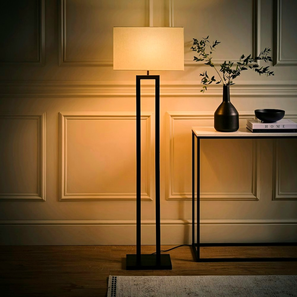image 1 of ValueLights Gloria Black Double Stem Metal Floor Lamp with Rectangular Lamp Shade Black