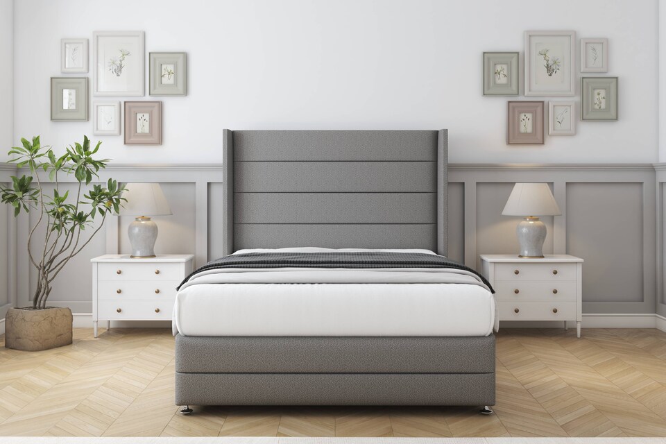 image 1 of Sloomy Sterling Pewter Dumfries Divan Bed Base No Drawers With 54 Inch Wingback Headboard & 12 Inch Matching Footboard | Grey | Pewter | King | 1