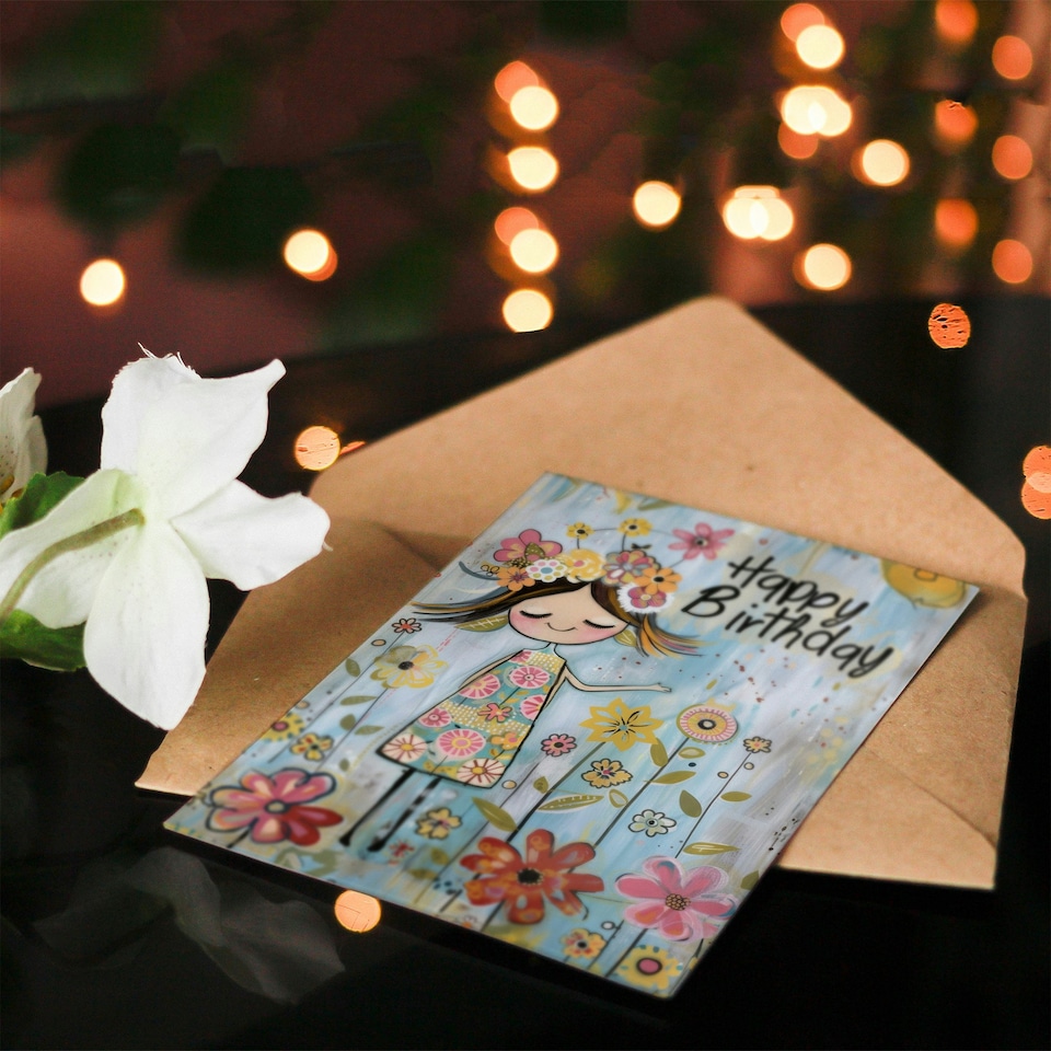image 1 of Cute Girl Spring Flower Meadow Kids Child Kids Birthday Card