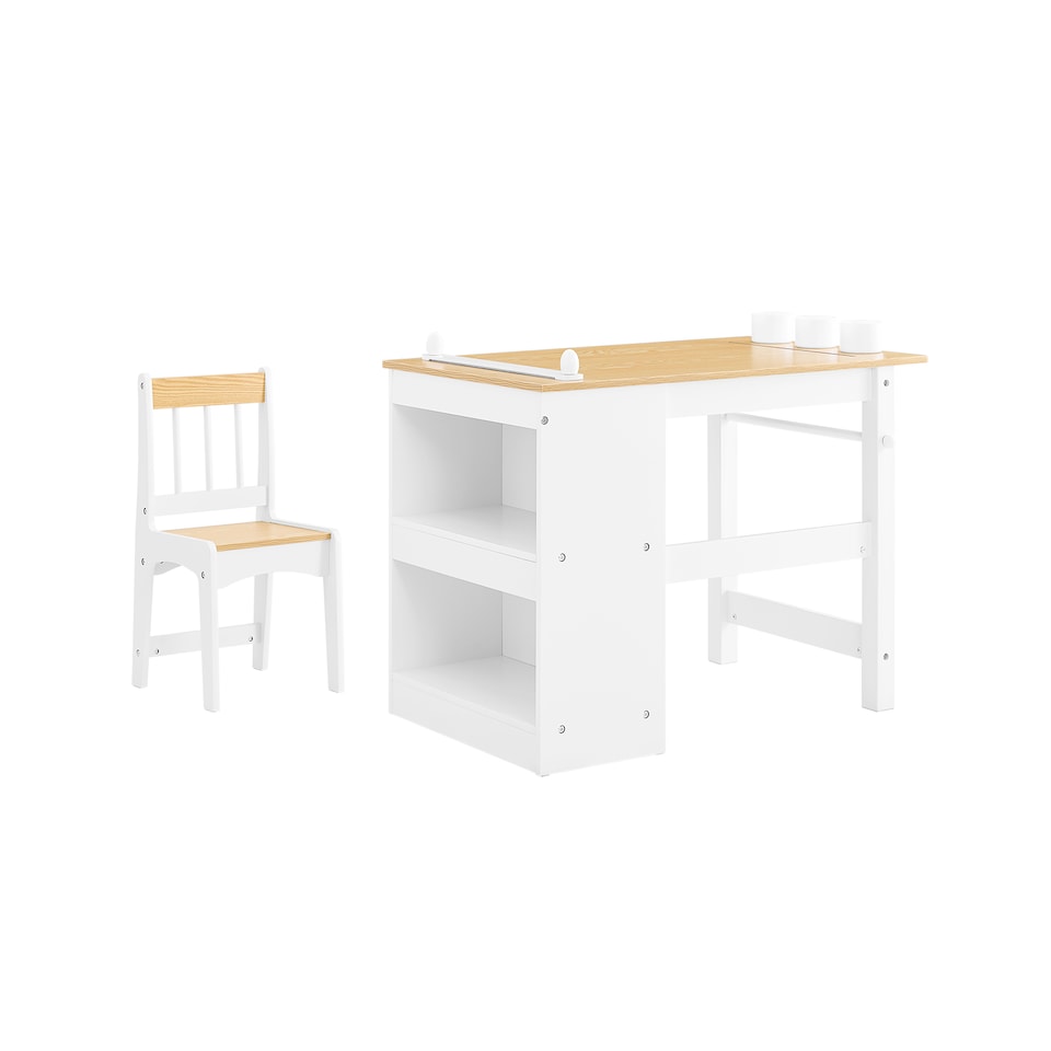 image 1 of SoBuy Kids Desk and Chair Set with 2 Storage Shelves and Paper Roll Holder, White/Natural, 31.4x19.6x25.1 in, 15.3 kg - KMB60-WN