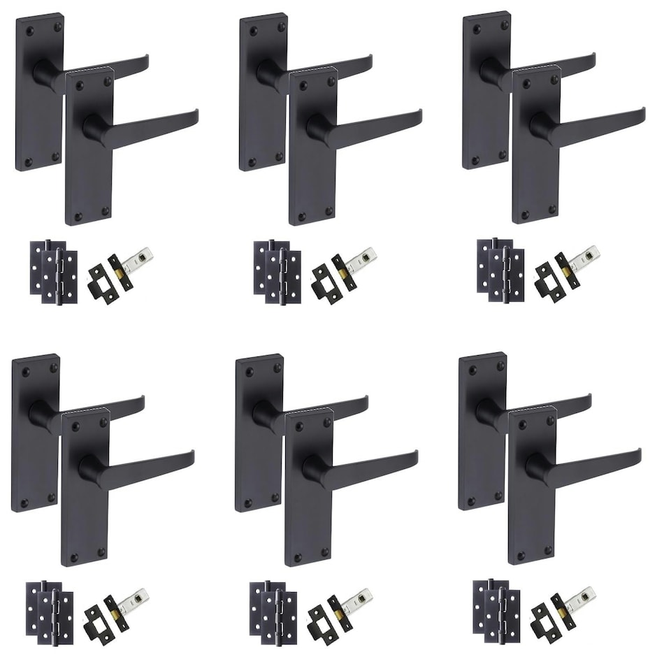 image 1 of Golden Grace 6 Pairs Victorian Straight Handle Latch Door Handles in Matt Black with 3" Ball Bearing Hinges & Latches, 6 Set - 120mm x 40mm Backplate | Black | 6 Set