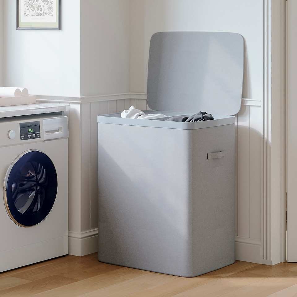 image 1 of Gr8 Home Grey Double Laundry Seperation Hamper Bin Large Clothes Washing Basket With Lid