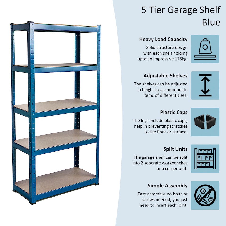 image 1 of Home Vida 5 Tier Garage Shelves Heavy Duty Shelves Boltless Shelving Storage Units - Holds Upto 875kg Per Bay - Blue - 3 Bays