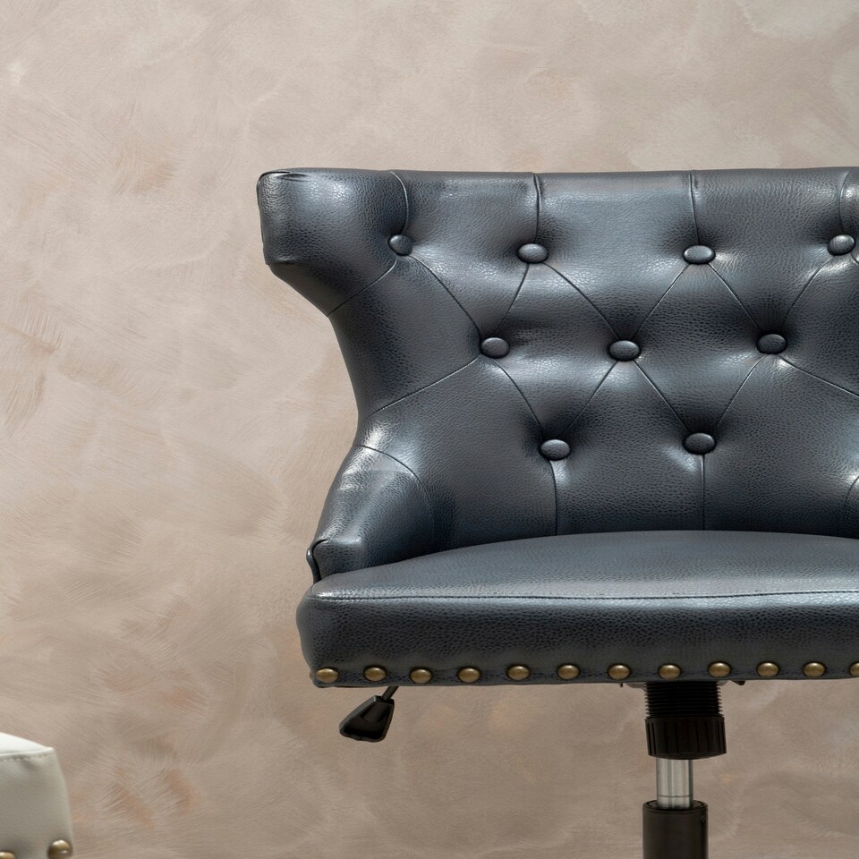 image 1 of Interiors by Premier Black Leather‑Effect Office Chair, Tufted Wingback Seat with Studded Trim, Height‑Adjustable Swivel Chair Black