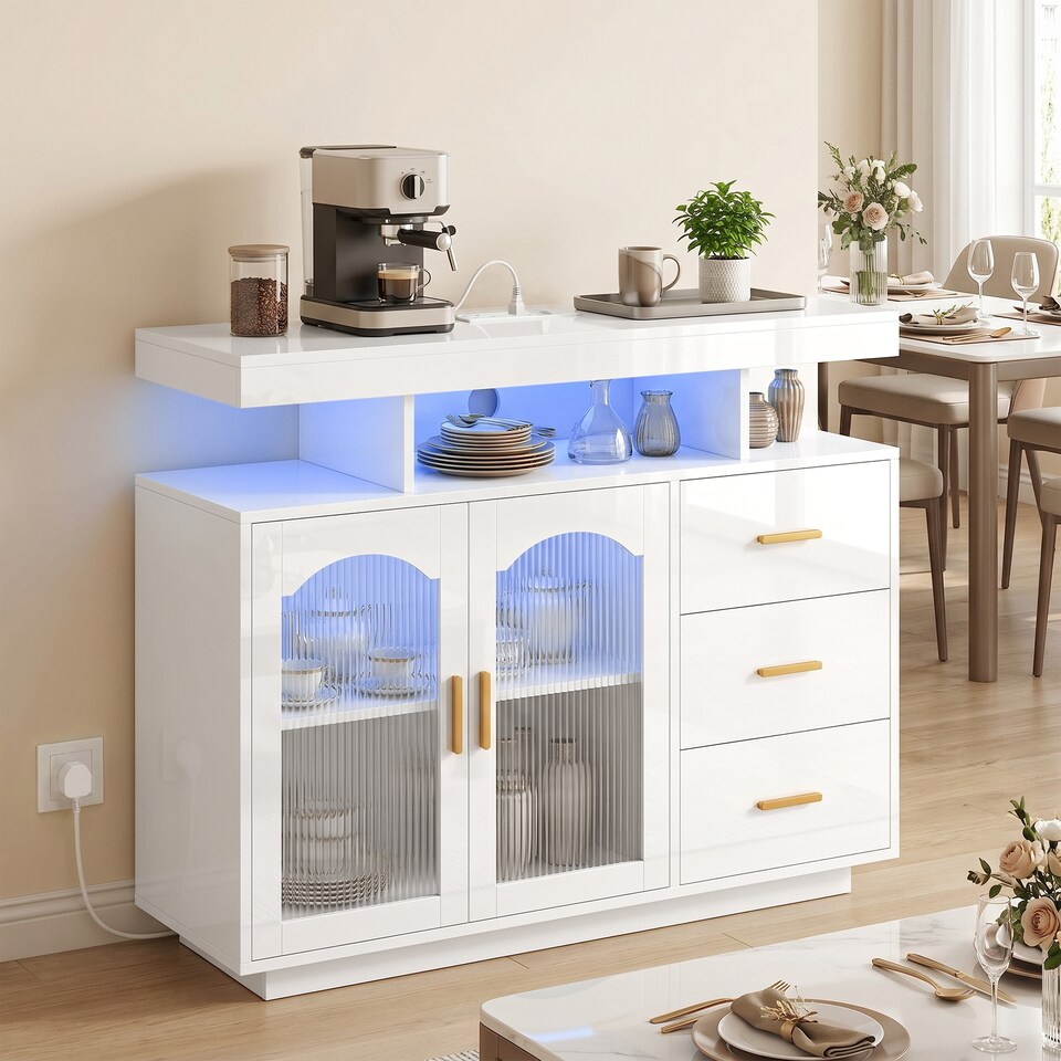 image 1 of HOMCOM High Gloss Sideboard with LED Lights, Power Outlets, Drawers