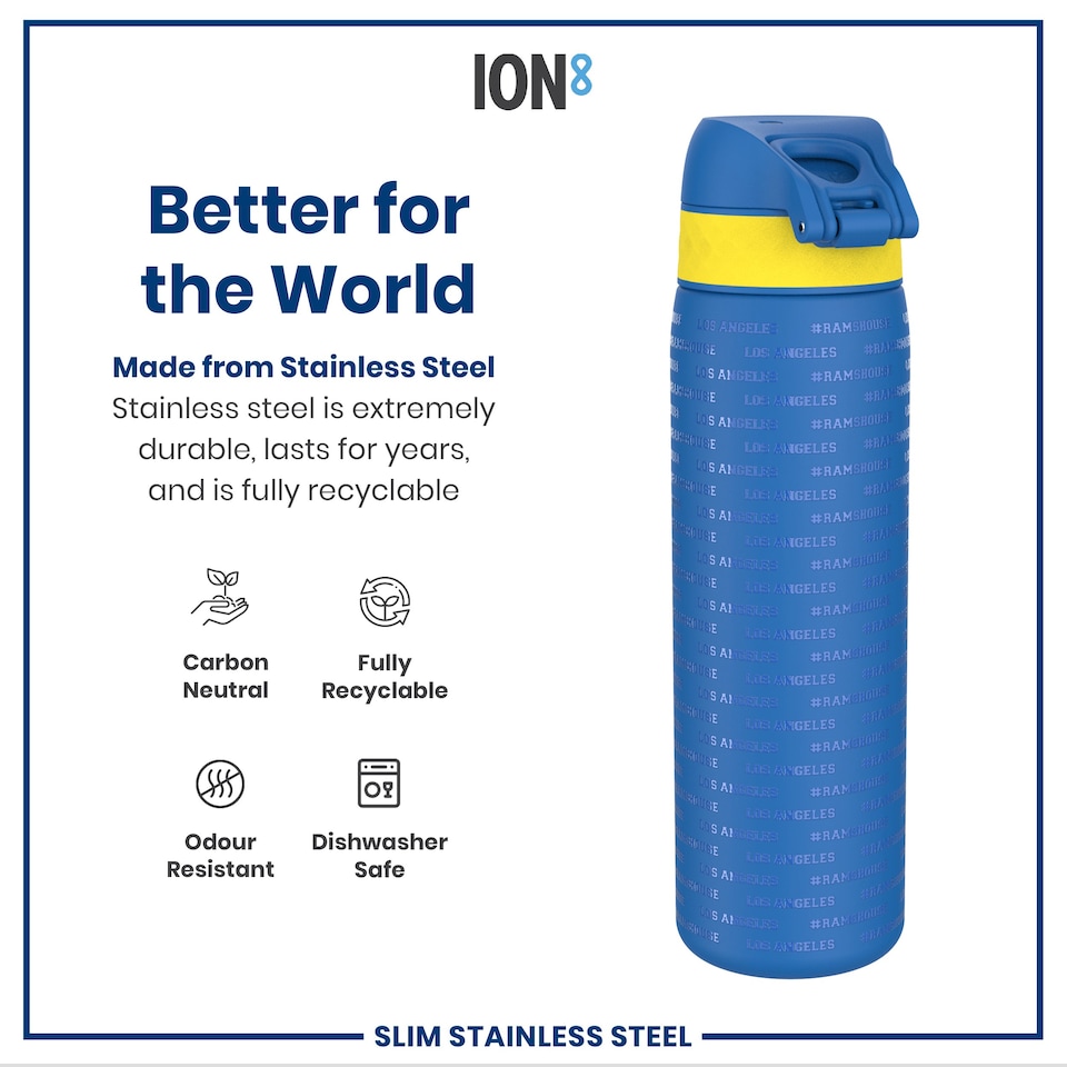 image 1 of Leak Proof Slim Water Bottle, Stainless Steel, NFL, 600ml (20oz) | Blue | NFL Rams | One Size
