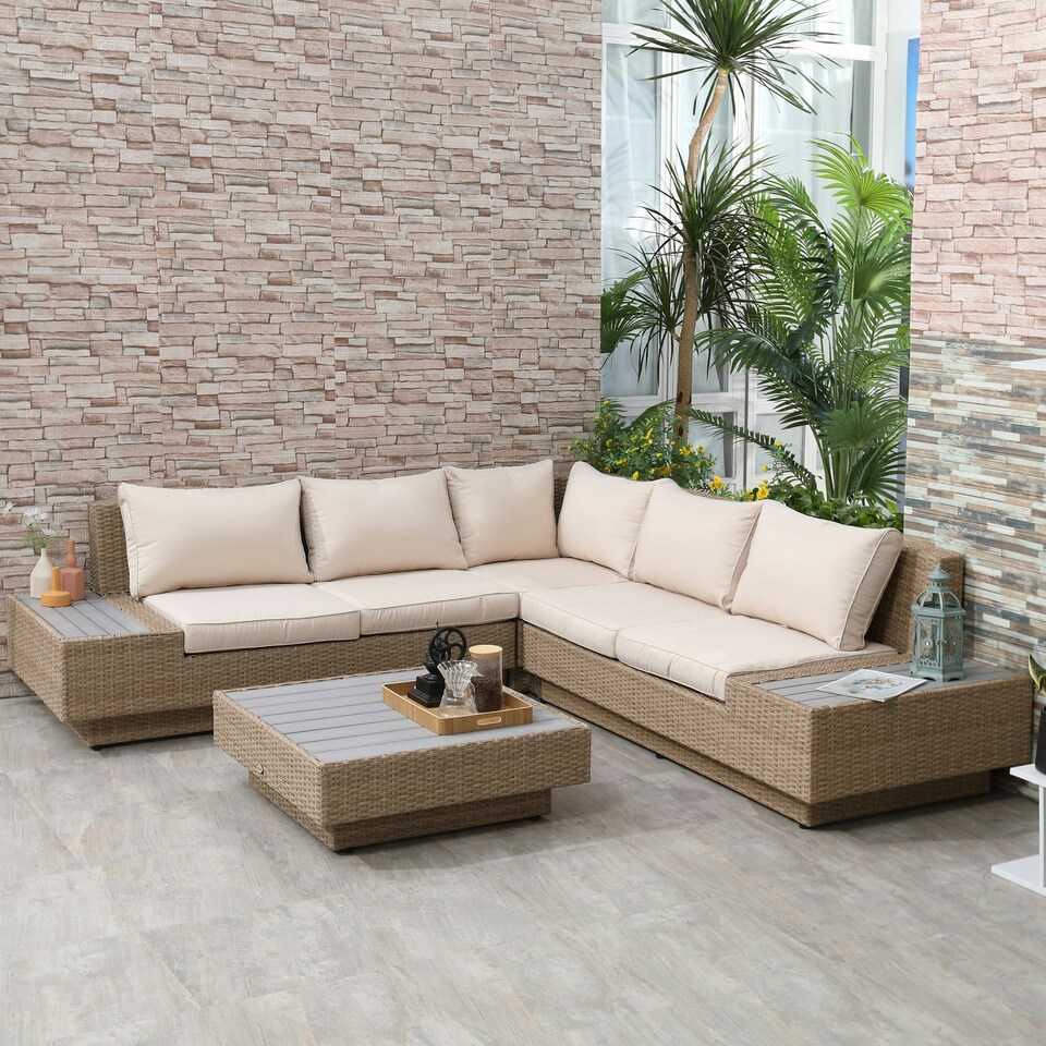 image 1 of Outsunny 4Pcs Rattan Sofa Set Garden Furniture Set with Armrest Cushions Beige