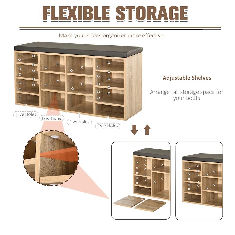 image 1 of HOMCOM Multi-Storage Shoe Rack 14 Compartments Cushion Moving Shelves Home Brown Yellow