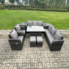 Fimous Outdoor Garden Patio Furniture Wicker Rattan Oblong Rectangular Dining Table and Lounge Sofa set with Adjustable Chair 2 Side Tables 2 Small Footstools Dark Grey Mixed