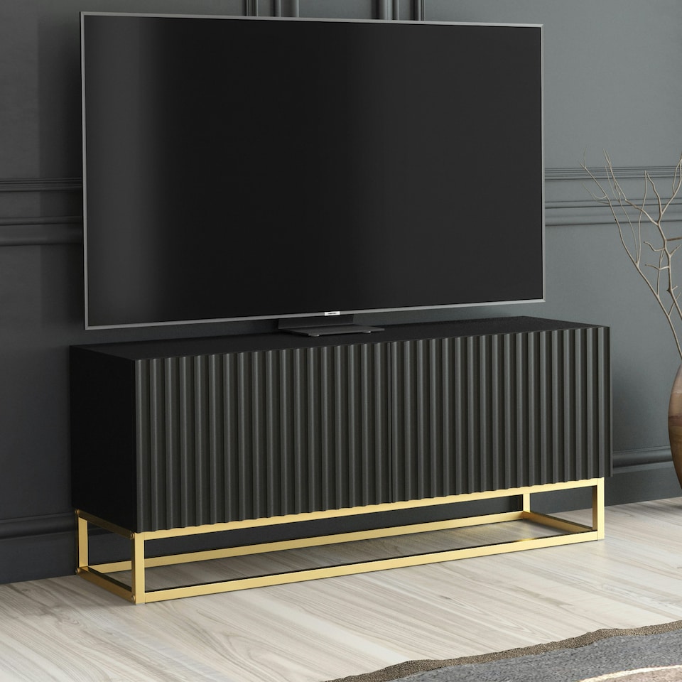 image 1 of TV Unit 100cm Black Matt Fluted Fronts with Gold Metal Base Black