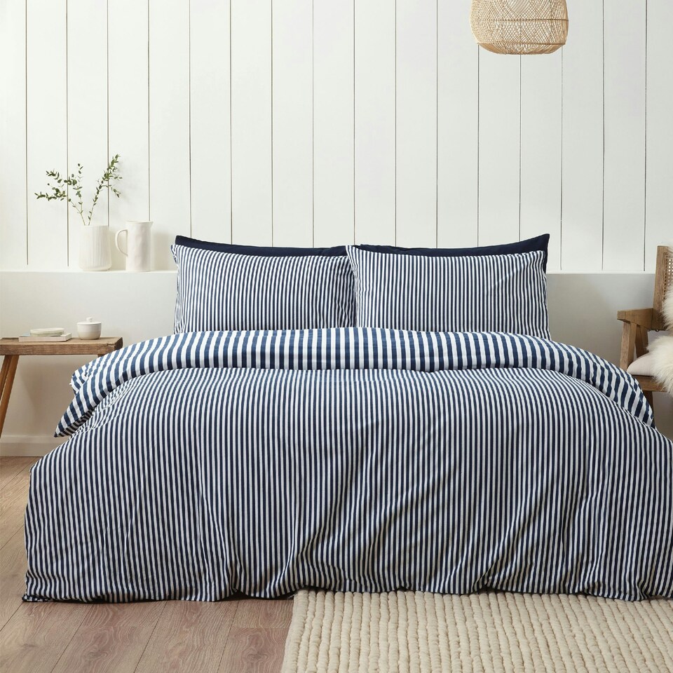 image 1 of Catherine Lansfield Brushed Stripe Cotton Reversible Duvet Cover Set Navy Blue | Blue | Navy Blue | King