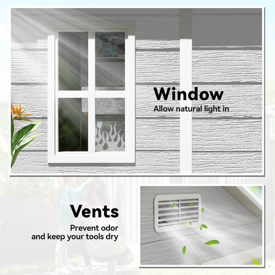 image 1 of Outsunny 6 x 5ft Garden Shed, Plastic Shed with Floor, Window, Lockable Doors and Vents, Wood Effect Resin Tool Shed for Outdoor Patio, Light Grey | Grey | 1