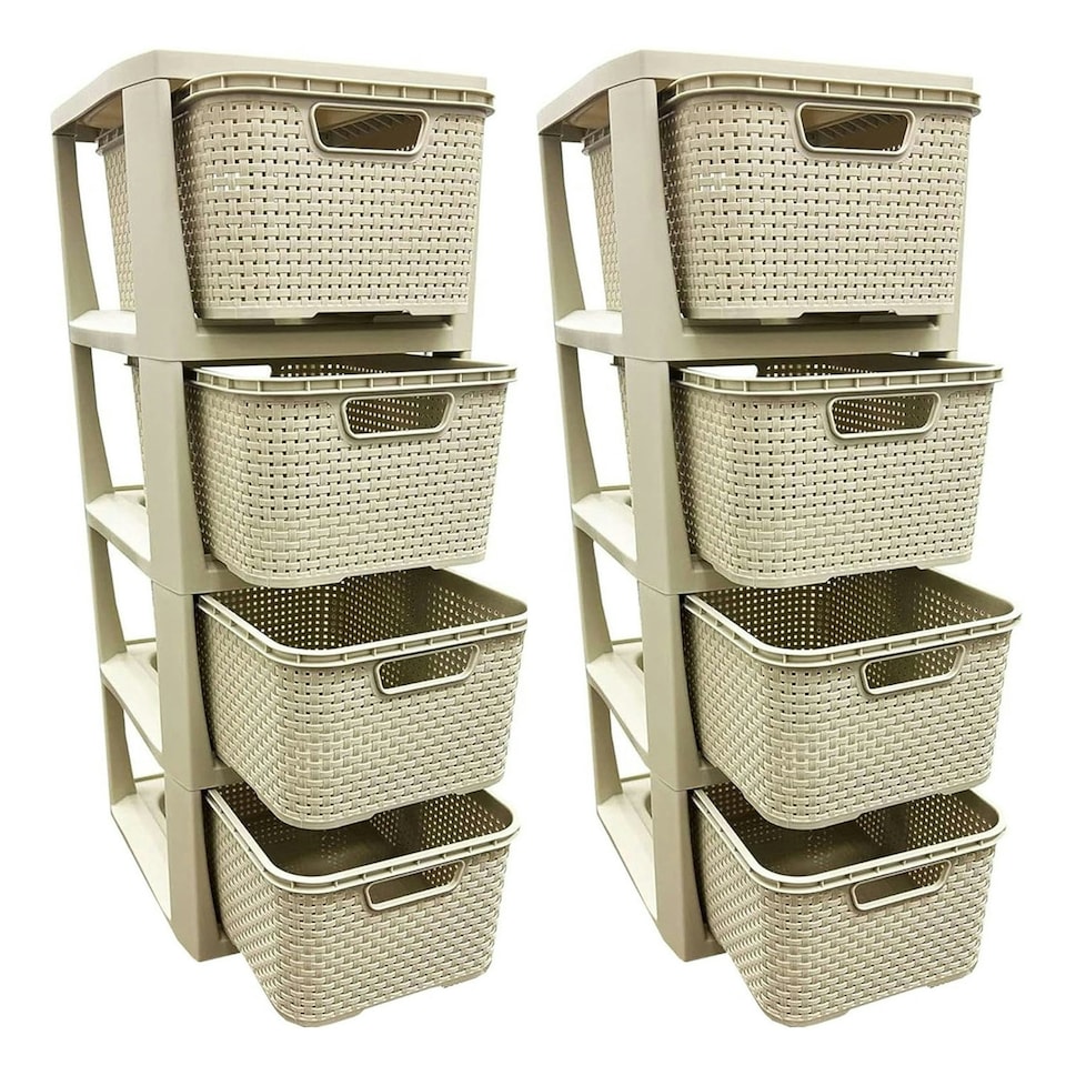 image 1 of Cream 4 Drawer Stylish Rattan Effect Storage Tower Commode Baskets For Home & Office Cream