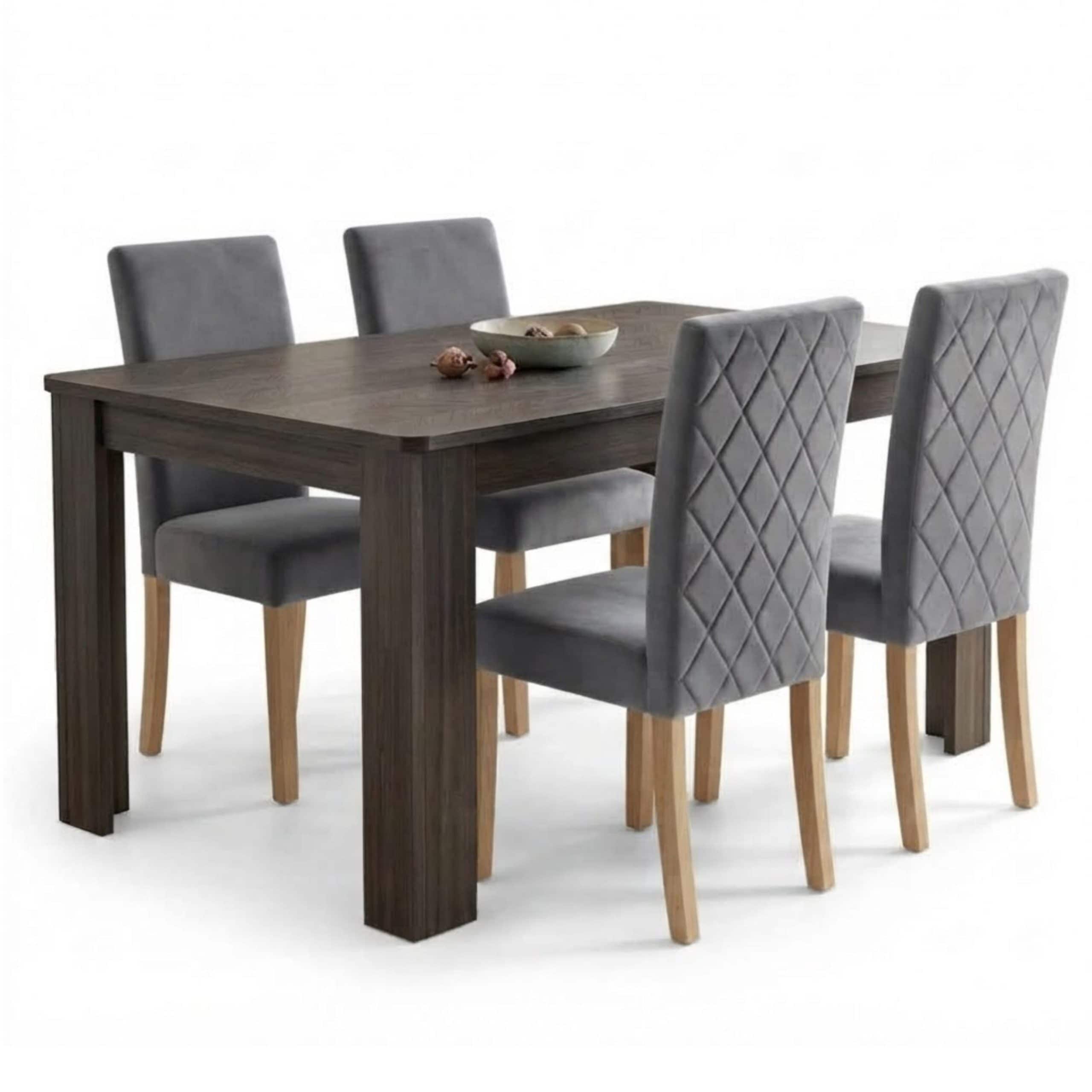 Velvet Dining Room Set with Arrow Charcoal Table and 4 Grey Diamond Stitch Chairs with Wooden Legs