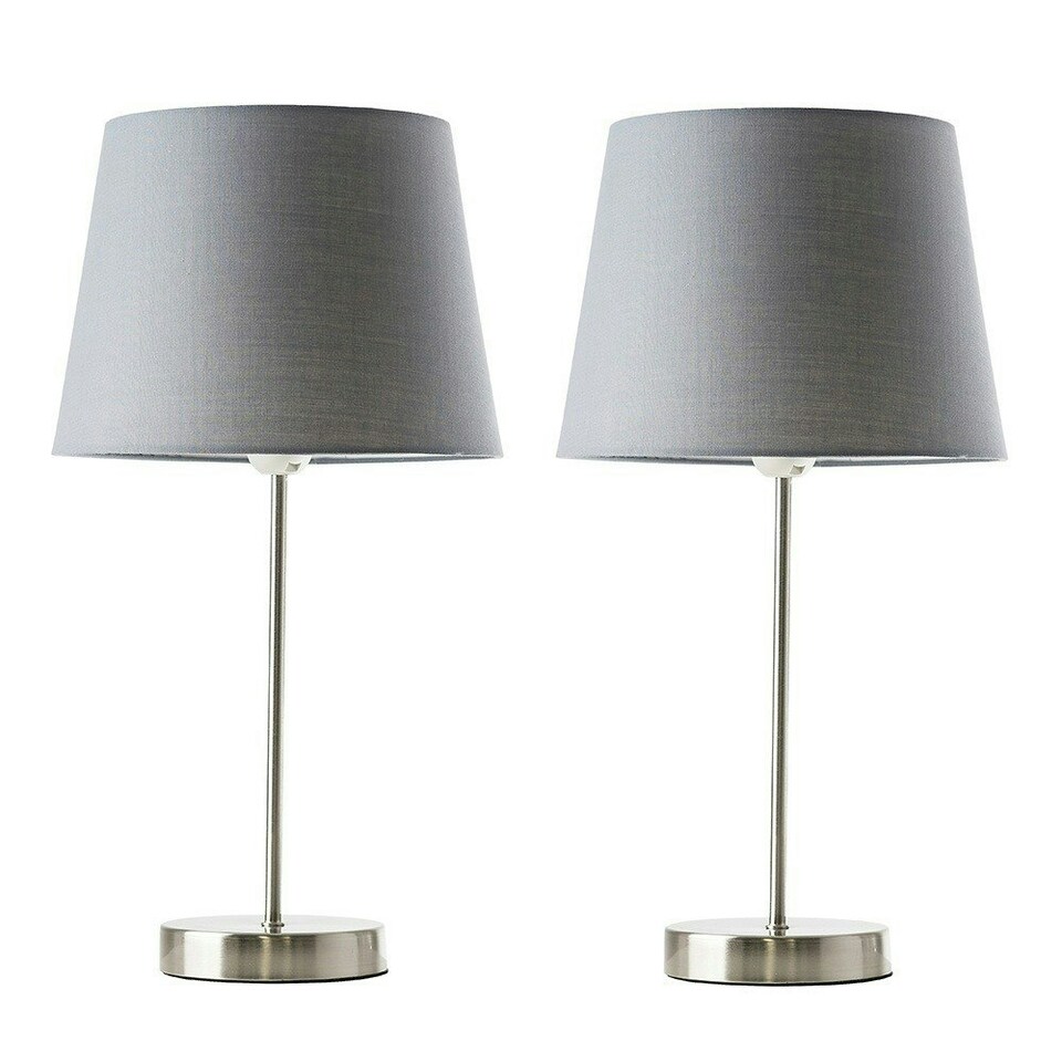 image 1 of ValueLights Modern Pair Of Satin Silver Table Lamps With Grey Shades Grey