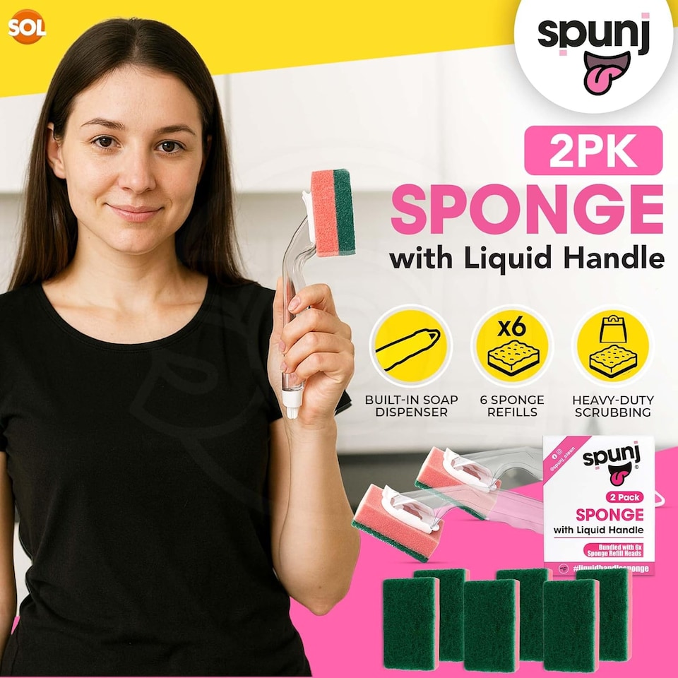 image 1 of spunj 2pk Liquid Handle Sponges with 6 Refill Heads – Built-In Soap Dispenser for Easy Dishwashing & Replaceable Heads