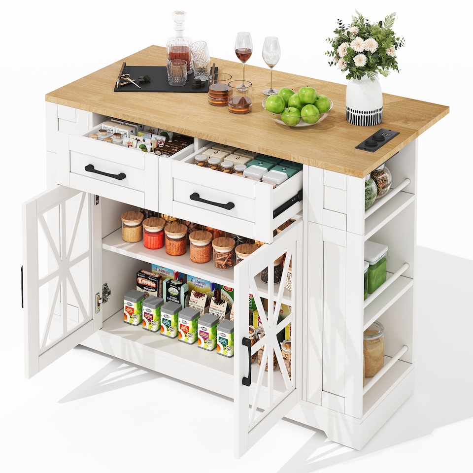image 1 of VILUXE Mobile Kitchen Island with Foldable Worktop, 2 AC Sockets, 2 USB Ports, Glass Doors, Adjustable Shelves and Lockable Wheels, White and Natural