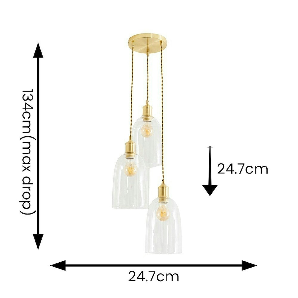image 1 of ValueLights Kira Glass Dome 3 Drop Cluster Brushed Gold Ceiling Pendant Light with Bulbs Gold