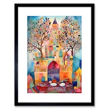 Eid Al-Fitr Feast Folk Art Watercolour Painting 9x7" Black Framed Wall Art Print