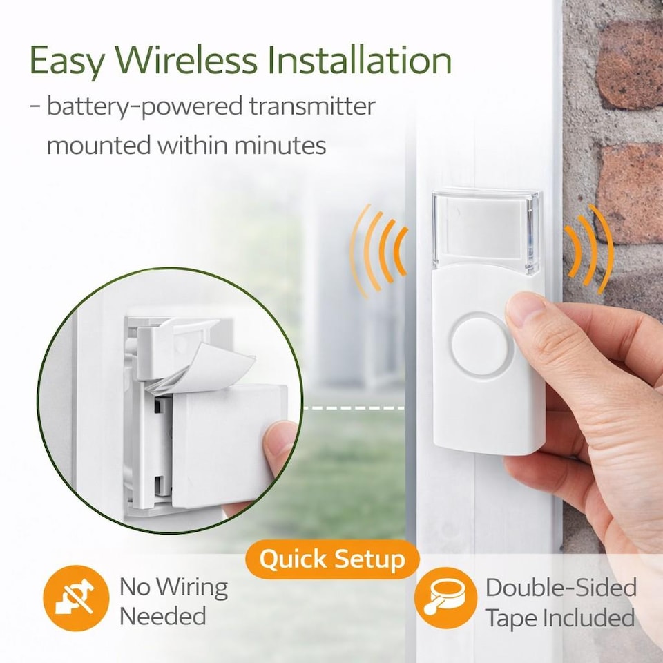 image 1 of Nedis Wireless Doorbell, Battery Powered Cordless Door Chime Kit with 300m Range, 36 Chimes, Blue LED and 80dB Volume - White