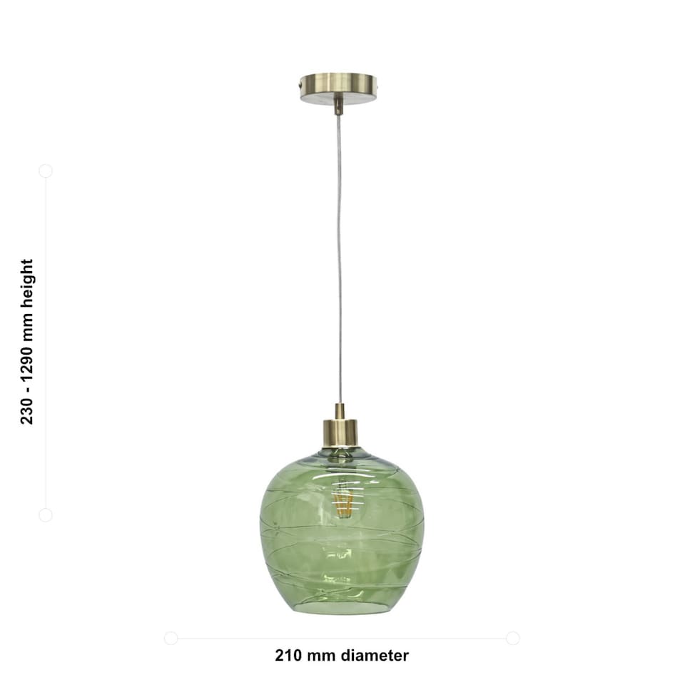 image 1 of Set of 2 Leah - Green Ripple Glass Globe with Satin Brass Pendant Fittings