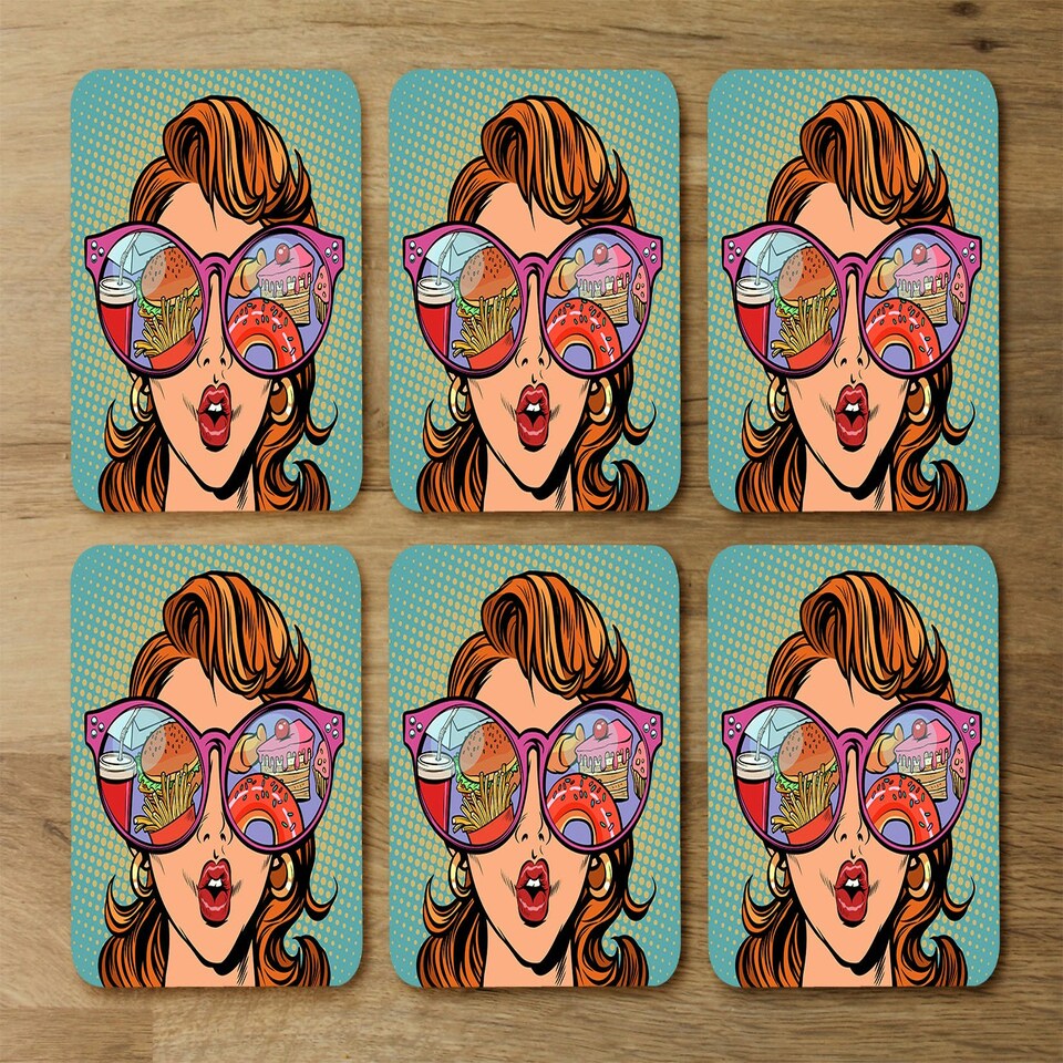 image 1 of Woman with sunglasses. Fast food and sweets in the reflection (Coaster)